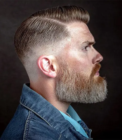 Hard Comb Over with Low Fade and Full Beard