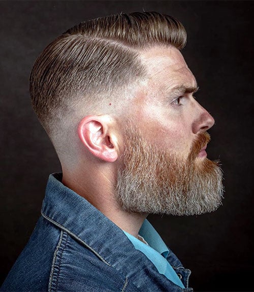 Hard Comb Over with Low Fade and Full Beard