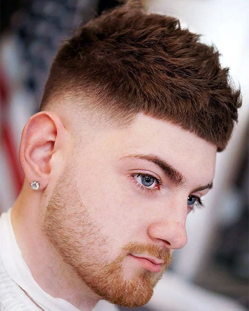 Messy French Crop with Low Fade and Blunt Fringe