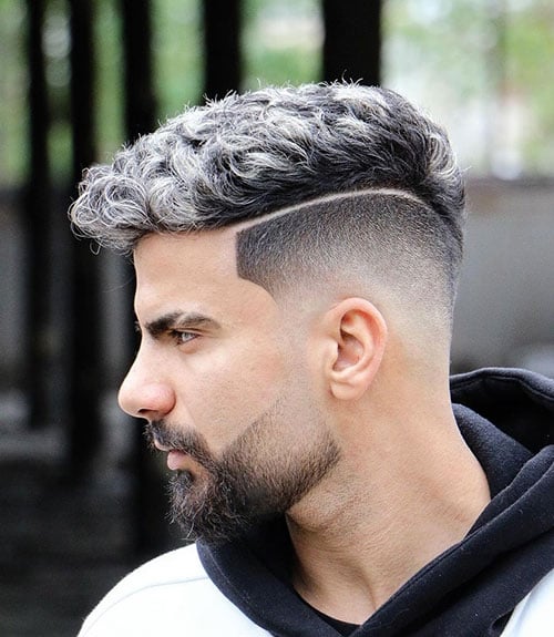 Short Curly Hair Fade with Part and Beard