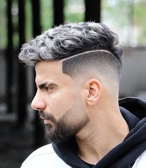 Short Curly Hair Fade with Part and Beard