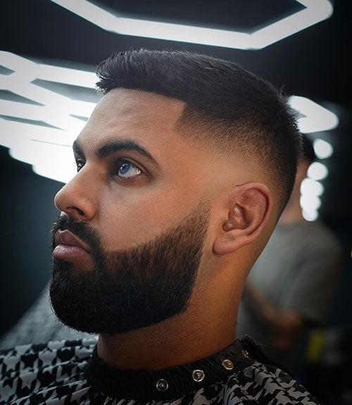 Short Textured Cut with Low Fade and Full Beard