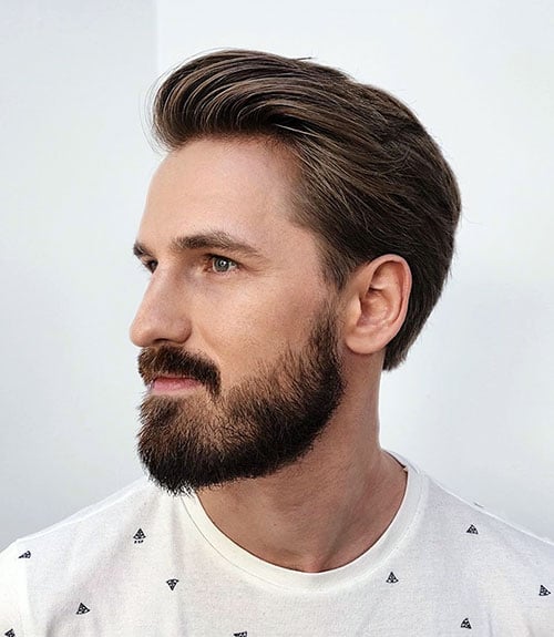 Full Brush Back with Scissor Cut Sides and Full Facial Hair