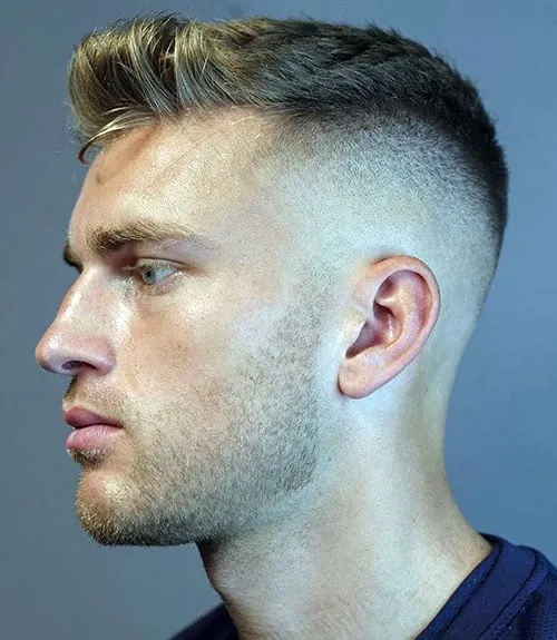Side Swept Crew Cut with High Fade and Stubble Beard