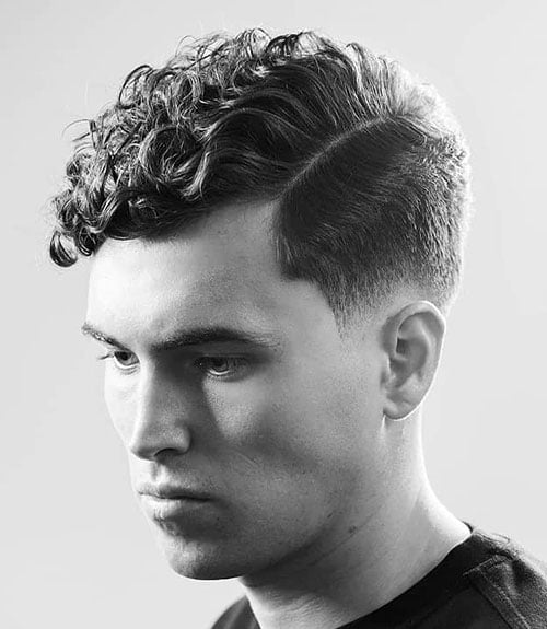 Curly Side Part with Low Fade
