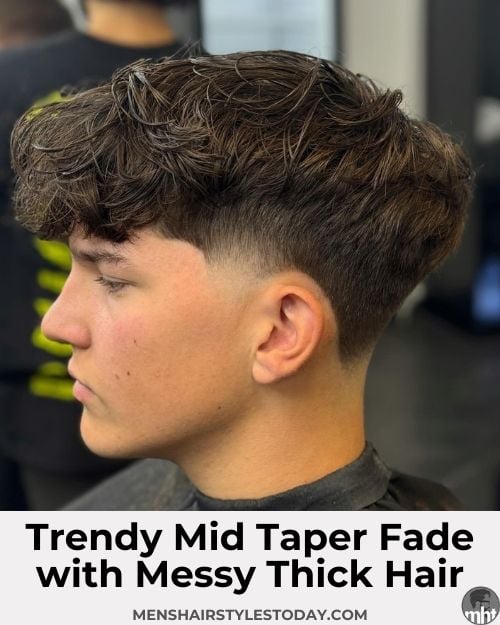 Trendy Mid Taper Fade with Messy Thick Hair