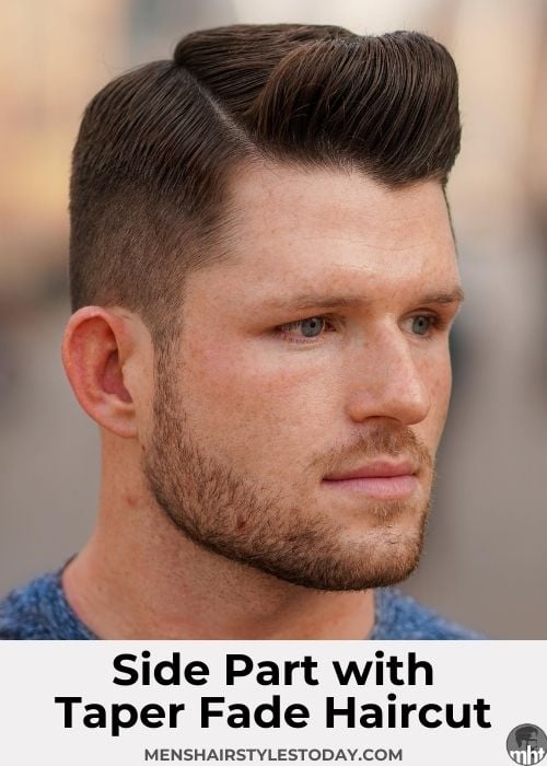 Side Part with Taper Fade and Brushed Up Front
